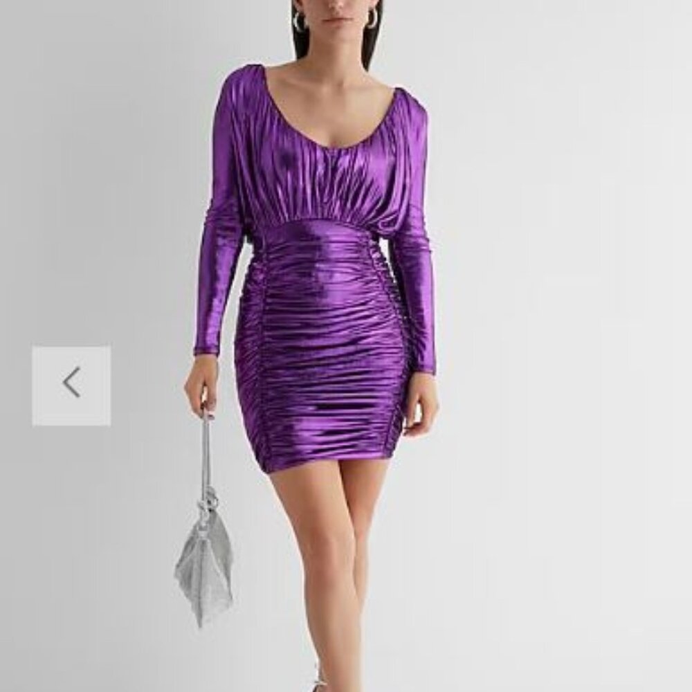 NWT Express Metallic V-Neck Long Sleeve Ruched Mini Sheath Dress - size XS & XL